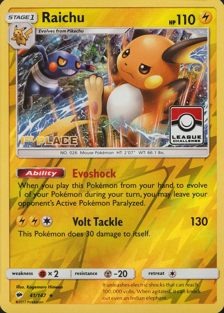 Placeholder front image of Raichu — 1st Place League — Burning Shadows — No. 41/147 — English