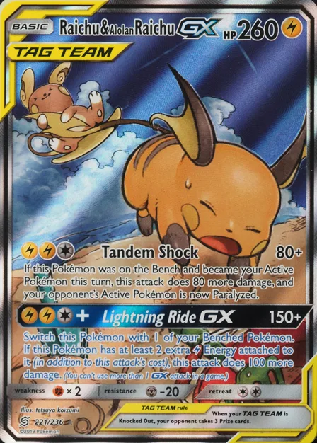 Placeholder card image of Raichu & Alolan Raichu GX — Holofoil — Unified Minds — No. 221/236 — English