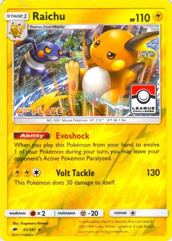Placeholder front image of Raichu — 4th Place League — Burning Shadows — No. 41/147 — English
