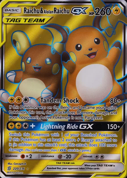 Placeholder card image of Raichu & Alolan Raichu GX — Holofoil — Unified Minds — No. 220/236 — English