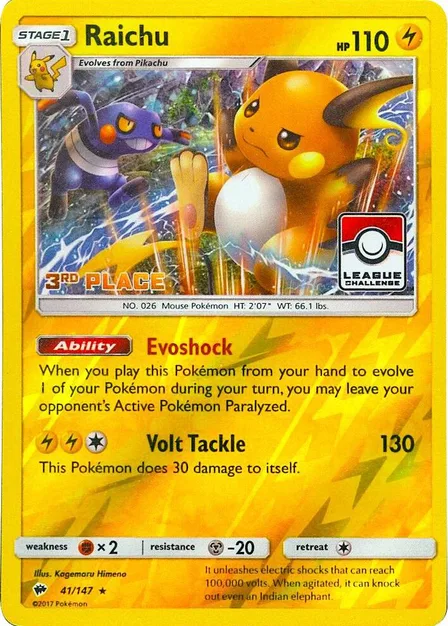 Placeholder card image of Raichu — 3rd Place League — Burning Shadows — No. 41/147 — English