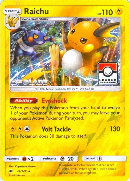 Placeholder card image of Raichu — 2nd Place League — Burning Shadows — No. 41/147 — English