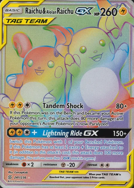 Placeholder card image of Raichu & Alolan Raichu GX — Holofoil — Unified Minds — No. 241/236 — English