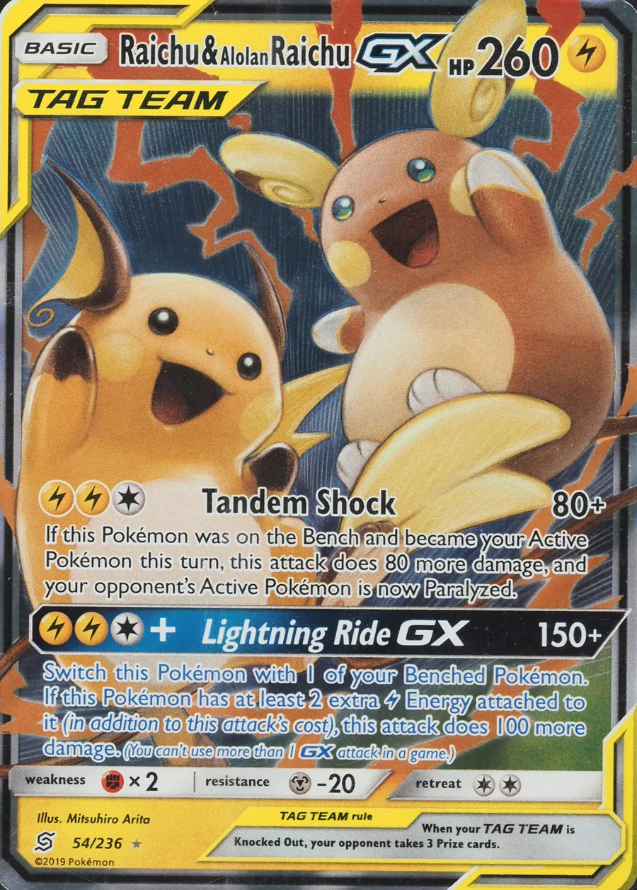 Placeholder front image of Raichu & Alolan Raichu GX — TAG TEAM GX Holofoil — Unified Minds — No. 54/236 — English