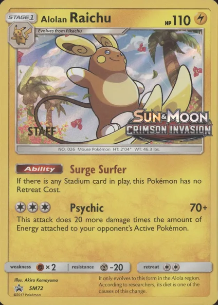Placeholder card image of Alolan Raichu — Staff Prerelease Holofoil — SM Black Star Promos — No. SM72 — English