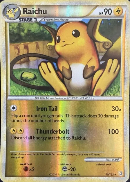 Placeholder card image of Raichu — Reverse Holofoil — HeartGold & SoulSilver — No. 10/123 — English