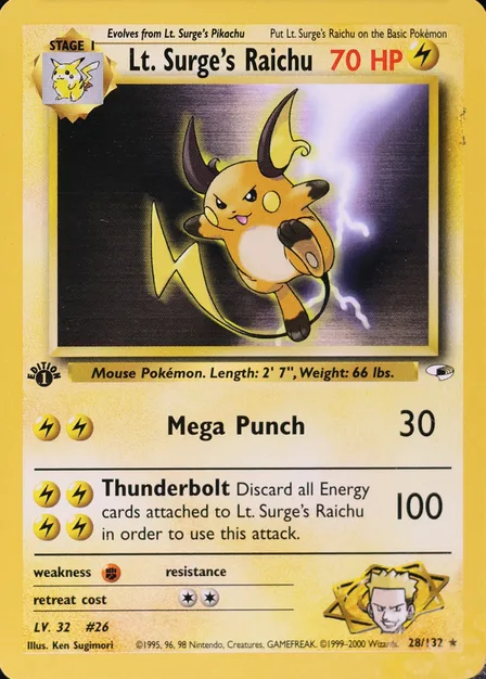 Placeholder card image of Lt. Surge's Raichu — Non-Holo — 1st Edition — Gym Heroes — No. 28/132 — English