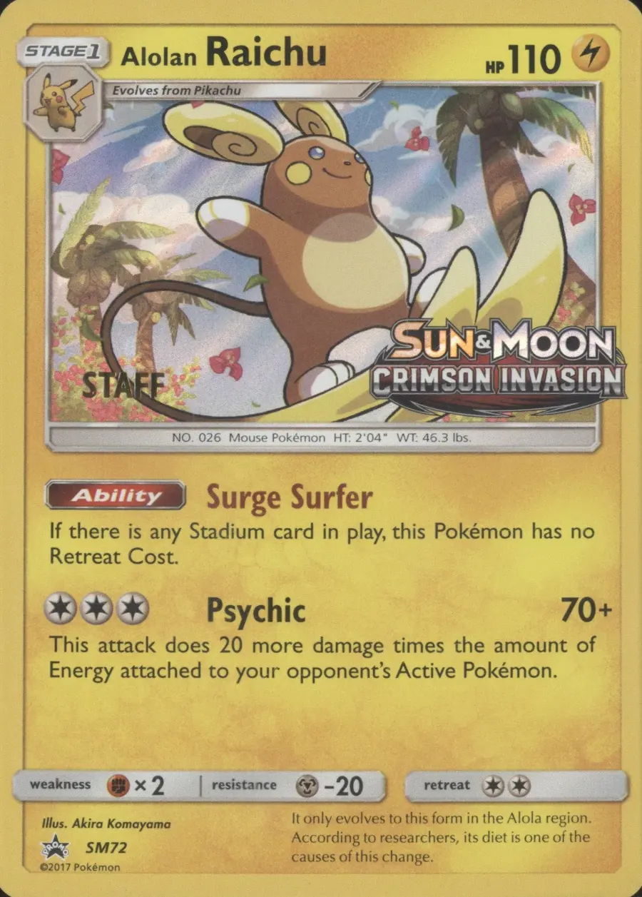 Placeholder front image of Alolan Raichu — Staff Prerelease Holofoil — SM Black Star Promos — No. SM72 — English