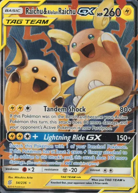 Placeholder card image of Raichu & Alolan Raichu GX — TAG TEAM GX Holofoil — Unified Minds — No. 54/236 — English