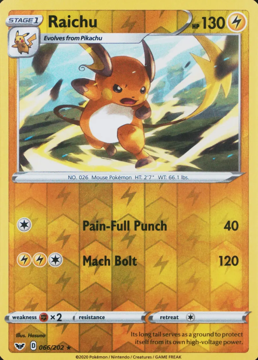 Placeholder front image of Raichu — Reverse Holofoil — Sword & Shield — No. 066/202 — English