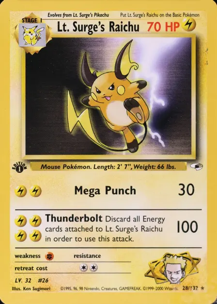 Placeholder card image of Lt. Surge's Raichu — Non-Holo — 1st Edition — Gym Heroes — No. 28/132 — English