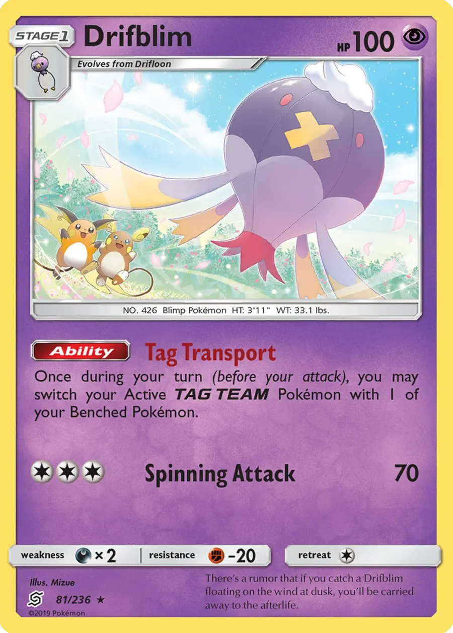 Placeholder front image of Raichu cameo on Drifblim — Non-Holo — Unified Minds — No. 81/236 — English