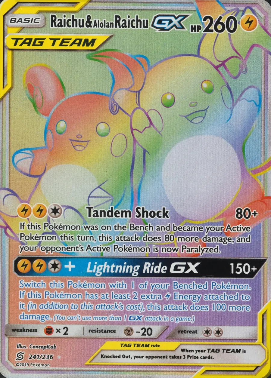 Placeholder front image of Raichu & Alolan Raichu GX — Holofoil — Unified Minds — No. 241/236 — English