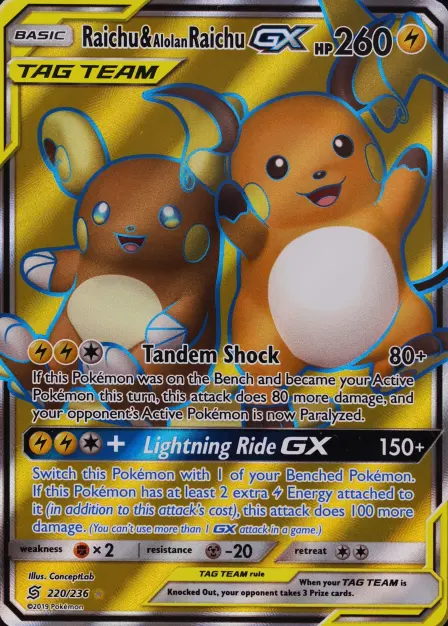 Placeholder card image of Raichu & Alolan Raichu GX — Holofoil — Unified Minds — No. 220/236 — English