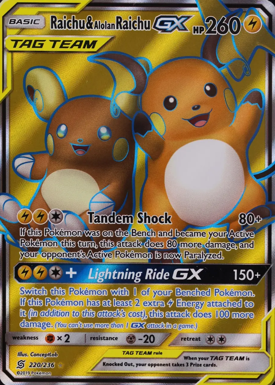 Placeholder front image of Raichu & Alolan Raichu GX — Holofoil — Unified Minds — No. 220/236 — English