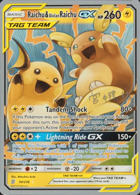 Placeholder card image of Raichu & Alolan Raichu GX — Pikarom Judge replica-deck card — 2019 World Championships Deck—Pikarom Judge — No. 54/236 — English