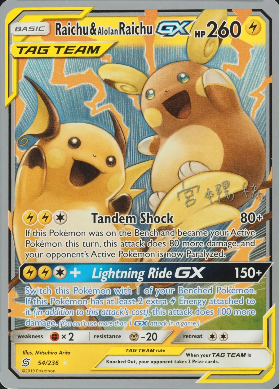 Placeholder front image of Raichu & Alolan Raichu GX — Pikarom Judge replica-deck card — 2019 World Championships Deck—Pikarom Judge — No. 54/236 — English